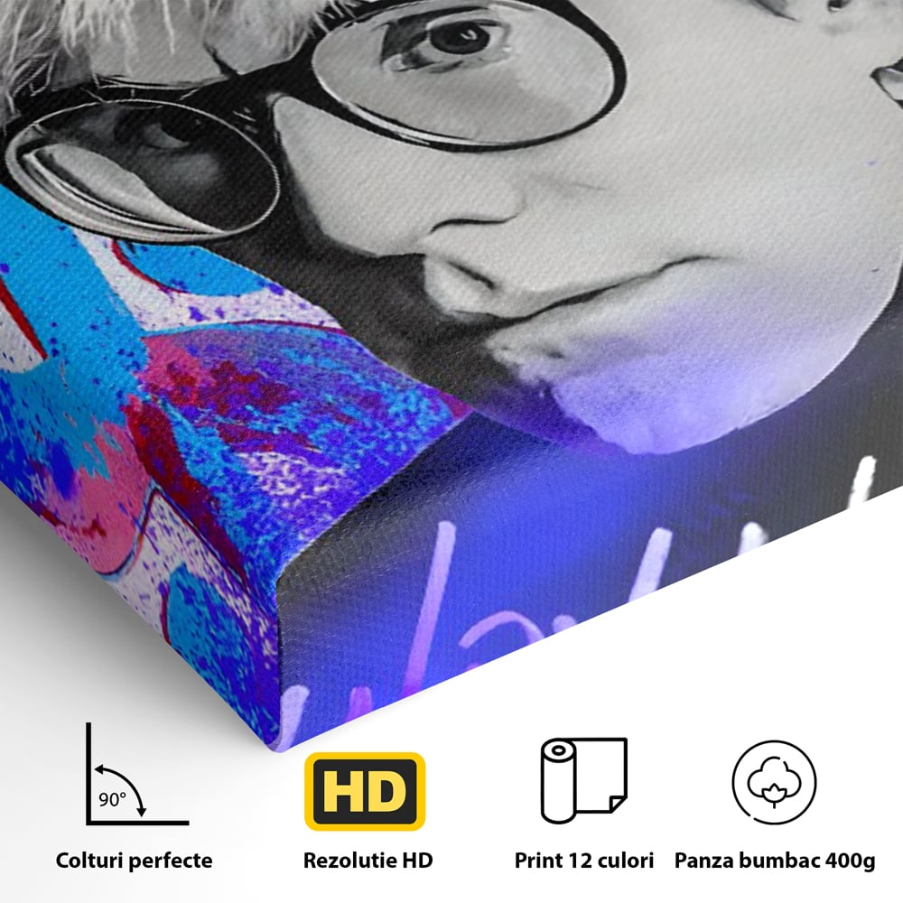 Detaliu al suprafetei: tablou canvas cu portretul lui andy warhol, fara rama, pe sasiu de lemn